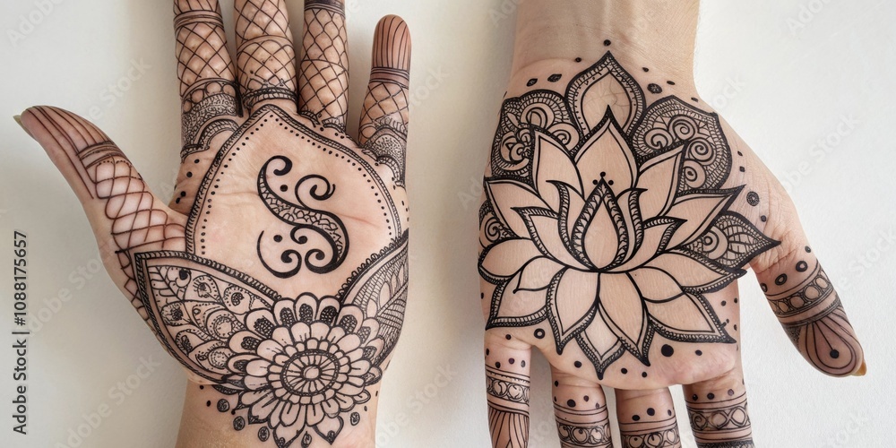 Poster s and lotus a pair of hands elegantly showcasing henna designs that integrate a s intertwining with 