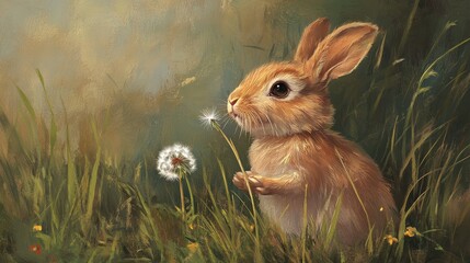 Fototapeta premium A curious bunny exploring a patch of grass, its nose twitching and ears perked up.