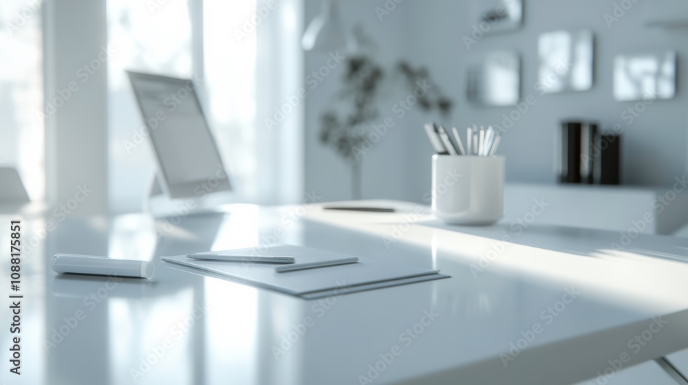 Poster close-up view of a white table in a bright, hazy study space with tools for organization. generative