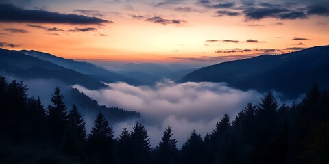 Sunset over misty mountain valley