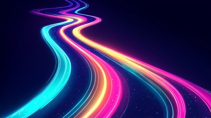 Abstract colorful neon light trails flowing dynamically on dark background.