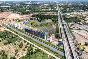 New construction site with crane and mechanical equipments on blue sky background, Infrastructure of high-speed train construction site of Chinese made FuxingHao, base from CR400AF for transportation.