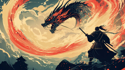 A fearless samurai knight battles a fierce dragon with a katana amidst swirling winds in an ancient japanese landscape. Ancient Samurai Battle. Illustration