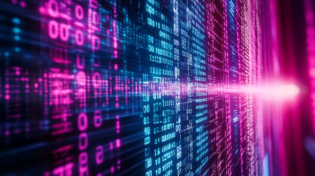 Abstract digital data stream with glowing pink and blue binary code.