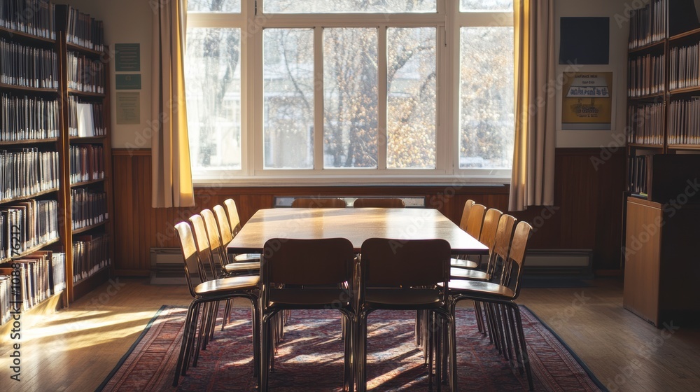 Poster cozy classroom with a large table and sunlight streaming through the window. generative ai