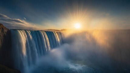 Majestic Waterfall with Golden Sunlight Streaming Through Mist During Dawn, Capturing the Serenity and Power of Nature’s Beauty in a Stunning Landscape Scene