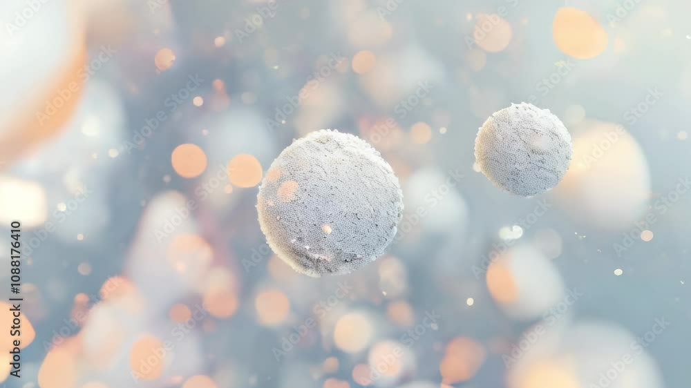 Poster soft-focus abstract video featuring floating white spheres amidst glowing bokeh light effects, creat