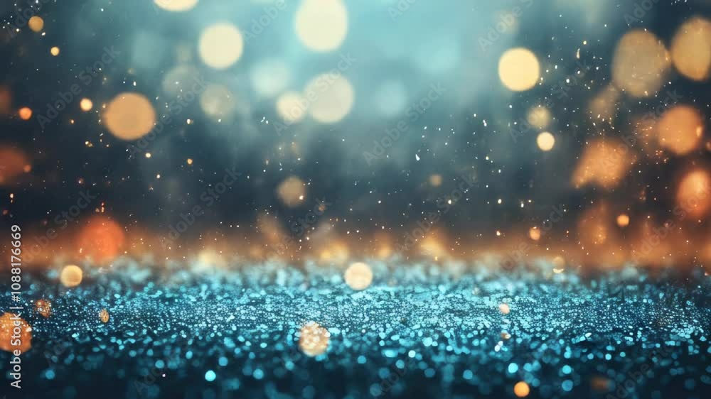 Poster a sparkling background with golden and blue glitter particles, creating a festive and magical ambian