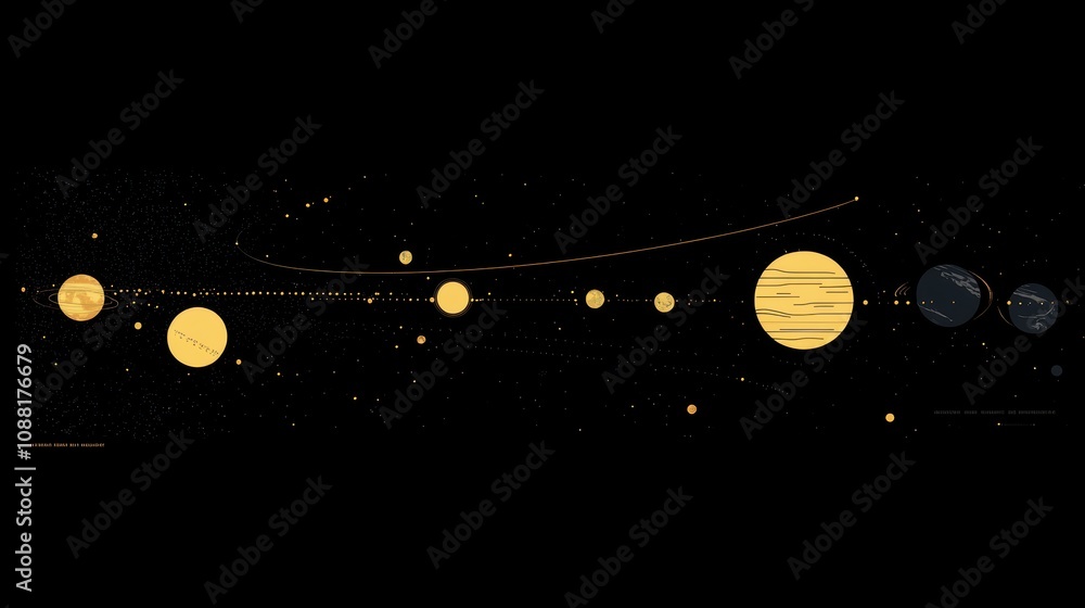 Poster artistic representation of solar system with planets, orbits, and celestial elements set against a b