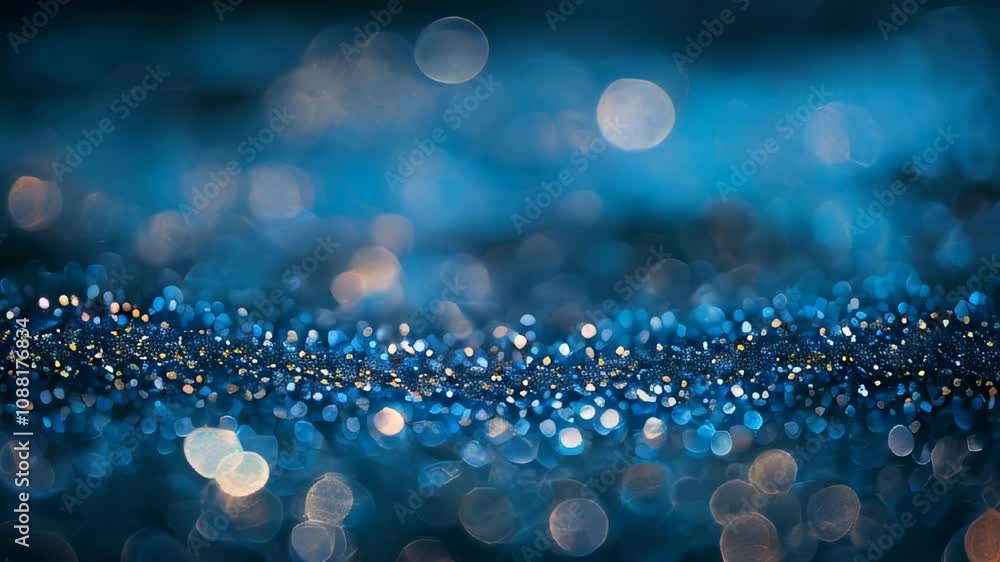 Poster close-up of sparkling blue glitter with soft bokeh lights, creating a dreamy and festive background 