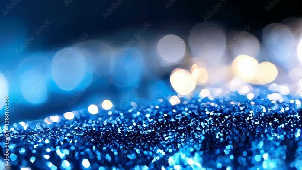 Poster close-up of blue glitter with soft, blurred bokeh lights in the background, creating a sparkling and