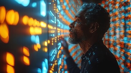 Man Analyzing Complex Data on a Futuristic Digital Interface with Augmented Reality Visualizations.