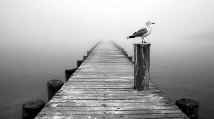 deserted pier with a single seagull perched on a post, the sound of waves gently lapping against the wood, creating a feeling of loneliness in the quiet space