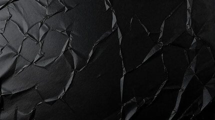   Crumpled black paper texture with various folds and creases, creating a dark and abstract background. Ideal for grunge, textured, or dramatic design projects.