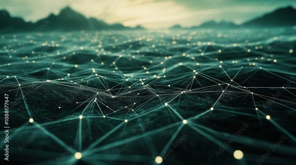 Poster a digital landscape of interconnected nodes representing ai learning, each connection building towar