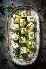 Rustic Platter with Neatly Cut Feta Cheese Cubes, Herbs, and Olive Oil.