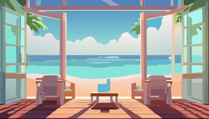 Sea view from the terrace of the house. Vector illustration.