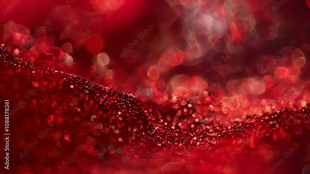 Poster macro shot of vibrant red glitter with soft bokeh lights, creating a festive, sparkling effect perfe