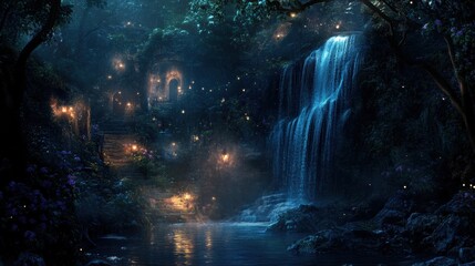Enchanting Nightscape with a Majestic Waterfall and Glowing Lights in a Mystical Forest Setting