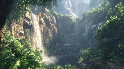 Majestic Waterfall Cascading Down Rocky Cliffs Surrounded by Lush Green Forest and Vibrant Tropical Foliage Under Bright Sunlight in a Tranquil Natural Setting