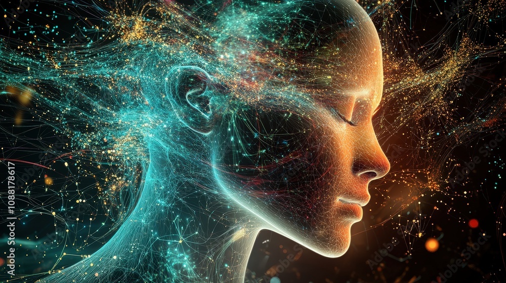 Poster a flow of data through a neural network, highlighting the transformation from basic inputs to sophis
