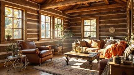Cozy sunlit log cabin living room with rustic decor