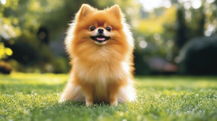 A fluffy Pomeranian sitting proudly on a grassy lawn, looking up with a cheerful expression.