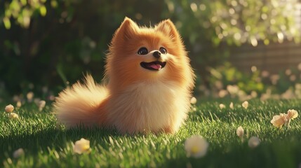 A fluffy Pomeranian sitting proudly on a grassy lawn, looking up with a cheerful expression.