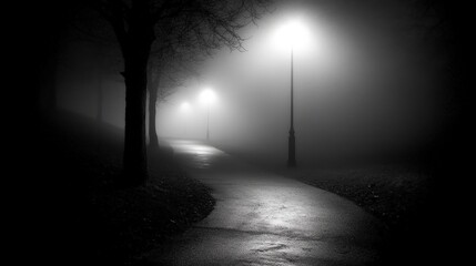 Obraz premium A foggy, empty street at night with only a single lamppost illuminating the path, casting long shadows and creating a sense of profound loneliness in the quiet darkness