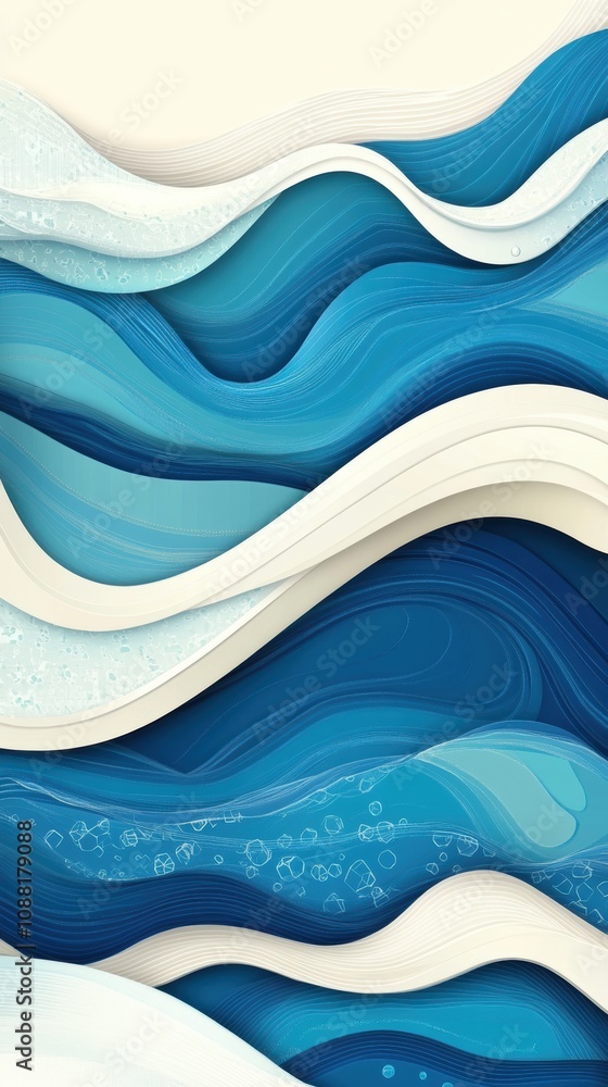 Poster abstract design of fluid waves with varying shades of blue, white, and cream creating a serene and c