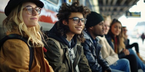 Young Adults Await Train Arrival at Urban Station