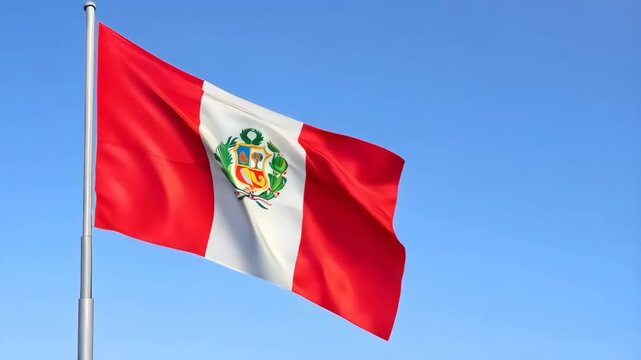 National flag of Peru waving on a flagpole over blue sky background