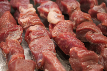 Deliciously Freshly Cut Raw Meat Skewers Perfectly Prepared and Ready for Grilling Anytime
