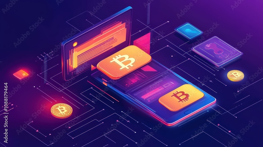 Poster a futuristic bitcoin transaction visualization, with a secure digital wallet icon and instant peer-t