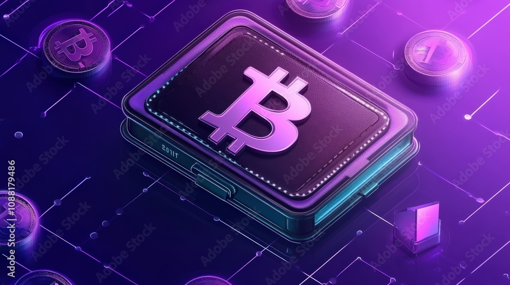 Poster a futuristic bitcoin transaction visualization, with a secure digital wallet icon and instant peer-t