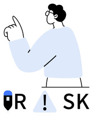 Man with glasses pointing upward. The text RISK appears with an exclamation mark inside a triangle. Ideal for business presentations, risk management, decision-making guides, leadership training