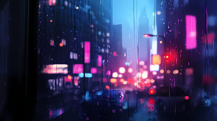 Fototapeta premium A rainy night in the city, with blurred lights and raindrops on a window. Melancholic Rainy Night. Illustration