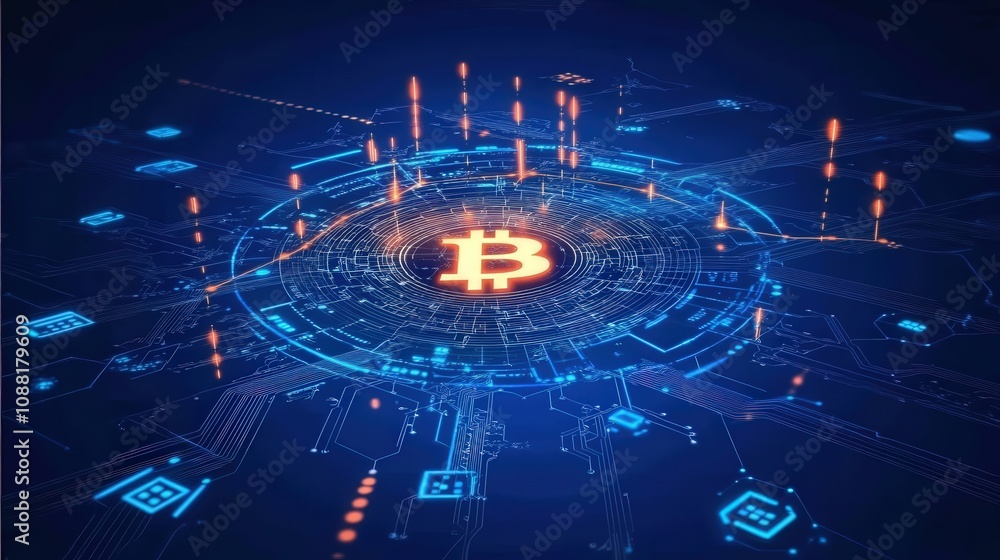 Poster a futuristic digital network with a glowing bitcoin symbol in the center, representing the vast, dec