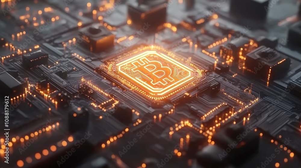 Poster a futuristic digital network with a glowing bitcoin symbol in the center, representing the vast, dec