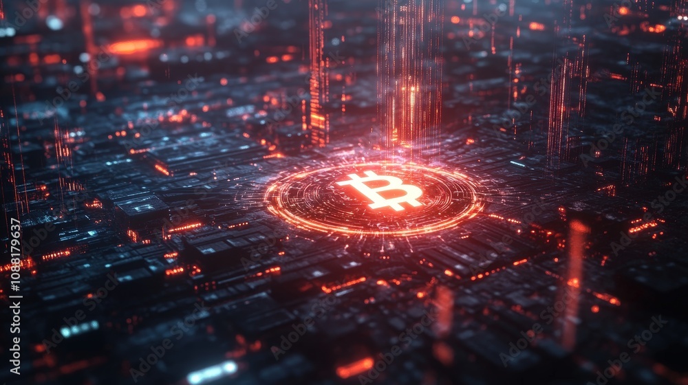 Poster a futuristic digital network with a glowing bitcoin symbol in the center, representing the vast, dec