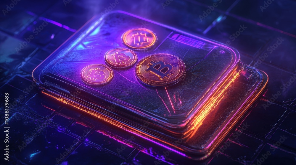 Poster a futuristic digital wallet with bitcoin icons and transaction data, showcasing the ease and securit