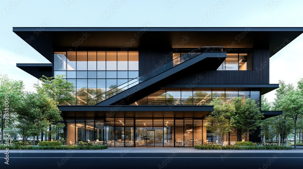 Aufkleber modern architectural building with large windows and greenery.