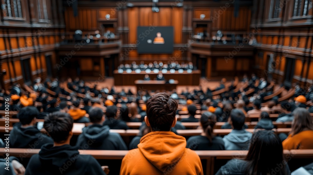Poster esteemed university lecture hall with focused students engaged in scholarly discourse