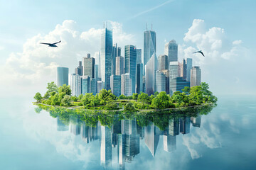Fototapeta premium Sustainable smart city concept with integrated renewable energy. Urban planners engineers and environmentalists designing future-ready urban environments