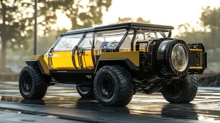 A futuristic water-powered pickup truck with a clear water tank in the back and advanced suspension, built for eco-friendly cargo transport with a touch of rugged charm