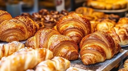 Vibrant Bakery Display of Croissants and Pastries
