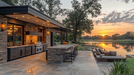 Luxury Outdoor Kitchen Sunset Lake View Design