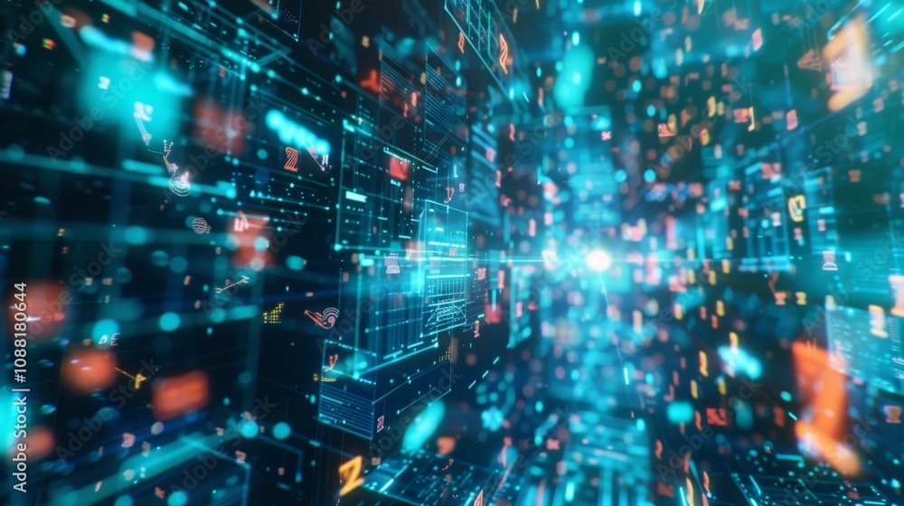 Poster complex digital data stream flowing through cyberspace, creating a futuristic technological landscap