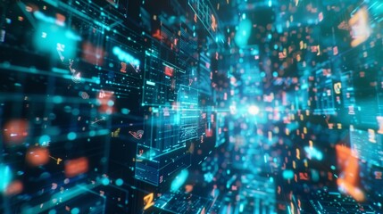 Obraz premium Complex digital data stream flowing through cyberspace, creating a futuristic technological landscape with glowing numbers, symbols, and information