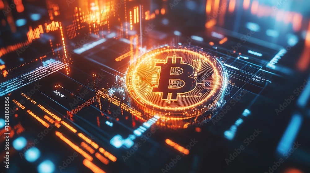 Poster a glowing bitcoin coin with financial data graphs and blockchain nodes, showcasing bitcoin as an inv
